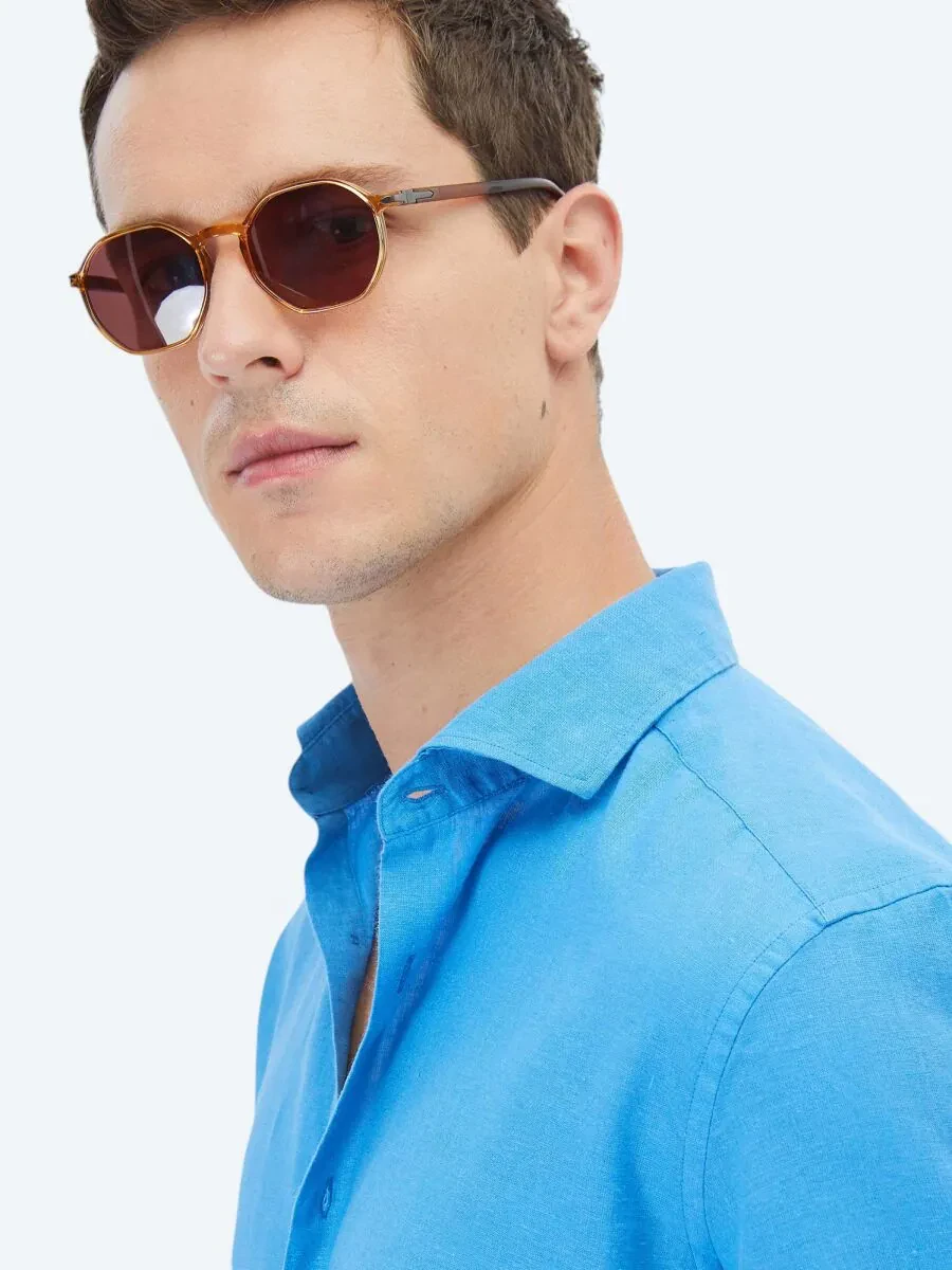 Dark Blue Plain Regular Fit Weaving Casual Cotton Blended Shirt - 6