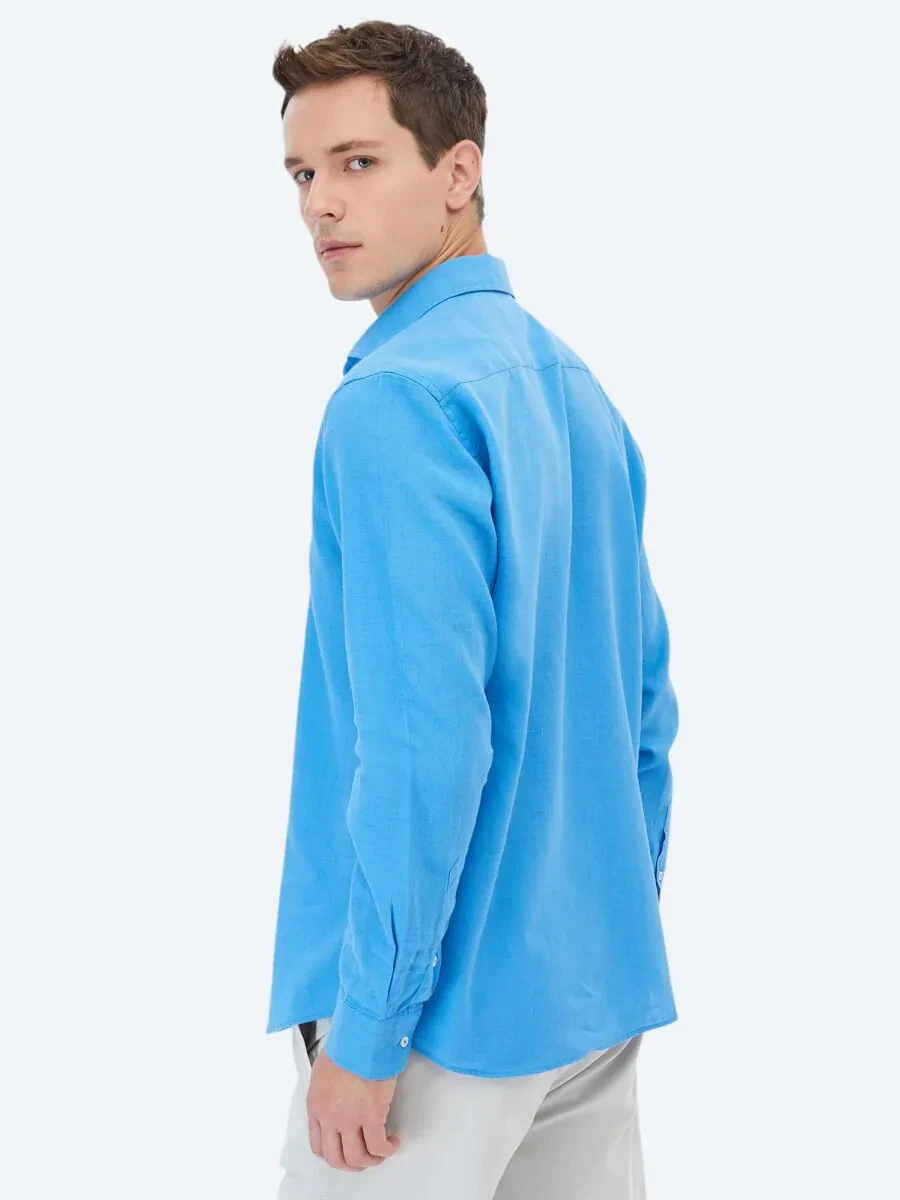 Dark Blue Plain Regular Fit Weaving Casual Cotton Blended Shirt - 7