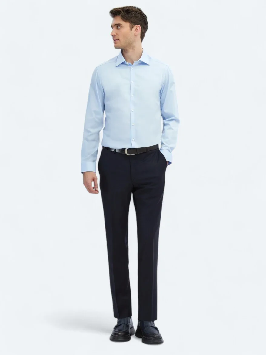 Dark Blue Plain Slim Fit Weaving Classical 100% Cotton Shirt - 2