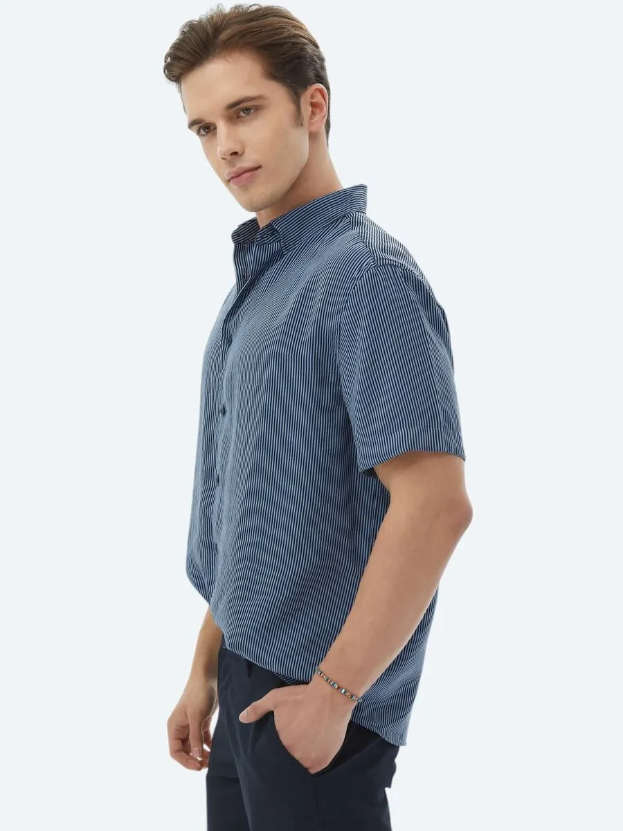 Dark Blue Striped Oversize Fit Weaving Casual Shirt - 4