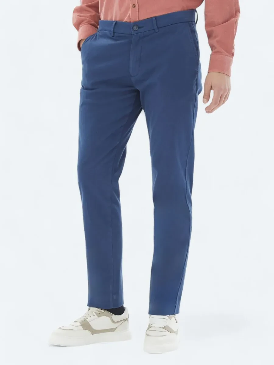 Dark Blue Weaving Regular Fit Casual Cotton Blended Trousers - 2