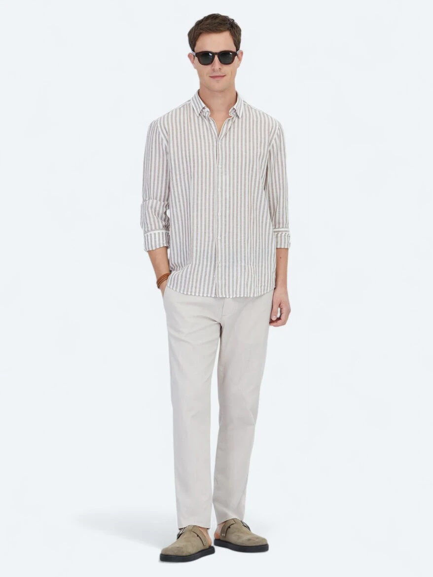 Dark Brown Striped Regular Fit Weaving Casual Cotton Blended Shirt - 2