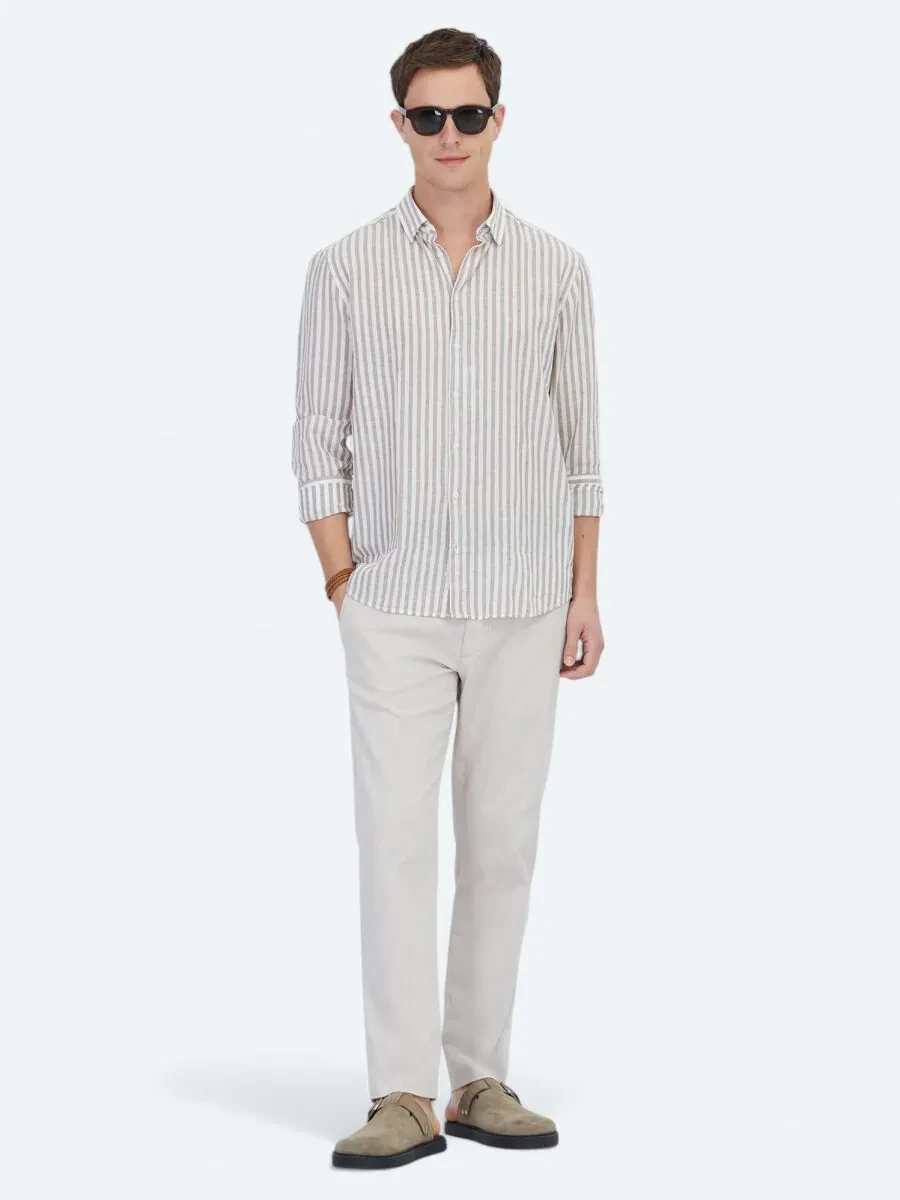 Dark Brown Striped Regular Fit Weaving Casual Cotton Blended Shirt - 2