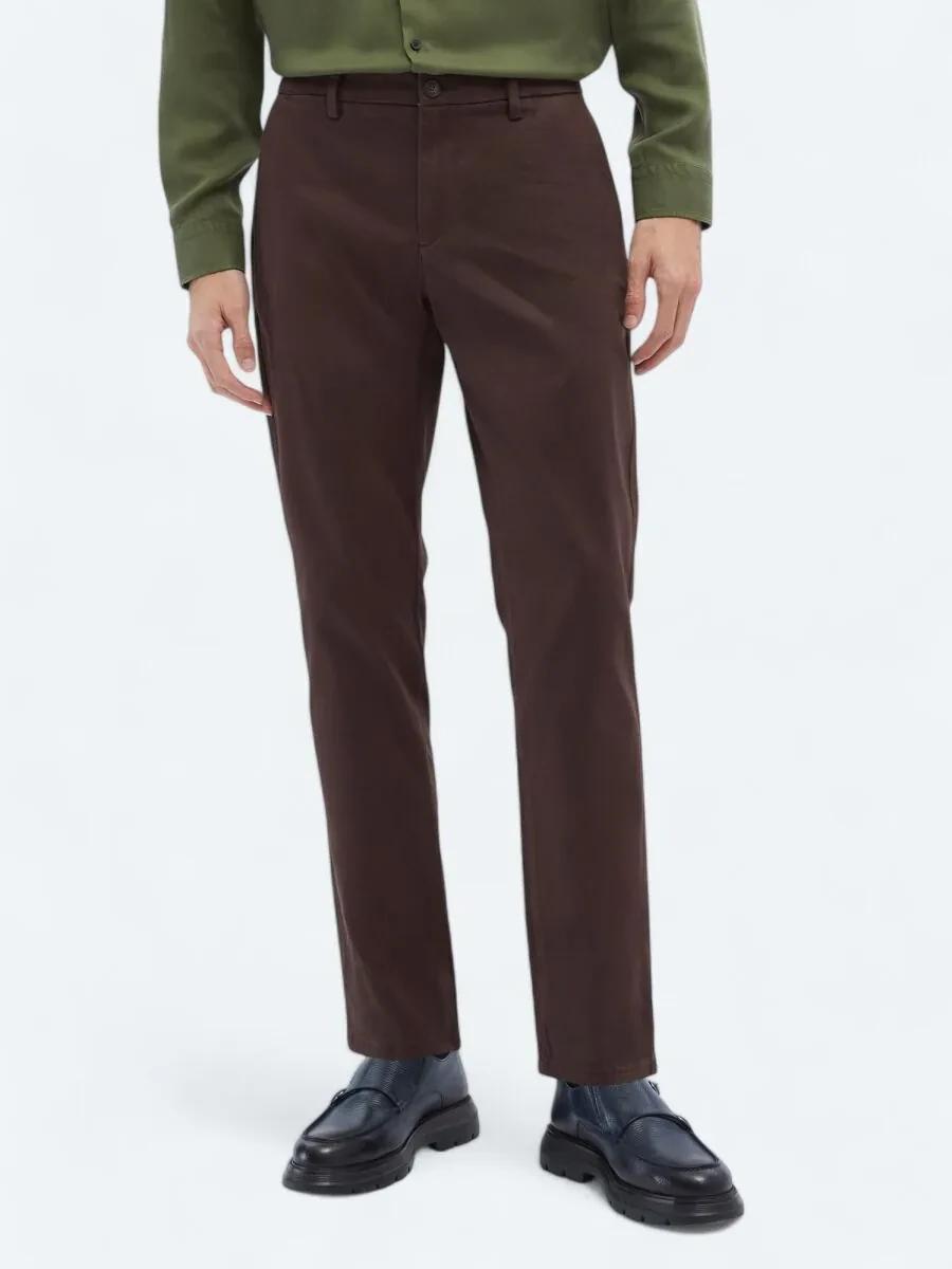 Dark Brown Weaving Regular Fit Casual Cotton Blended Trousers - 2