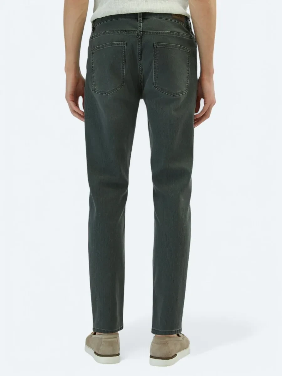 Dark Green Slim Fit Denim Cotton Blended Trousers - 4