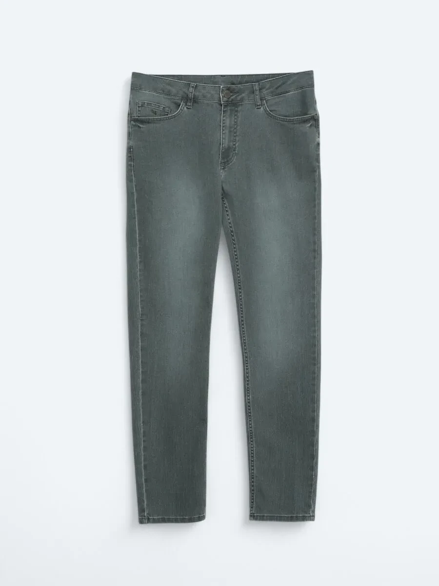 Dark Green Slim Fit Denim Cotton Blended Trousers - 5