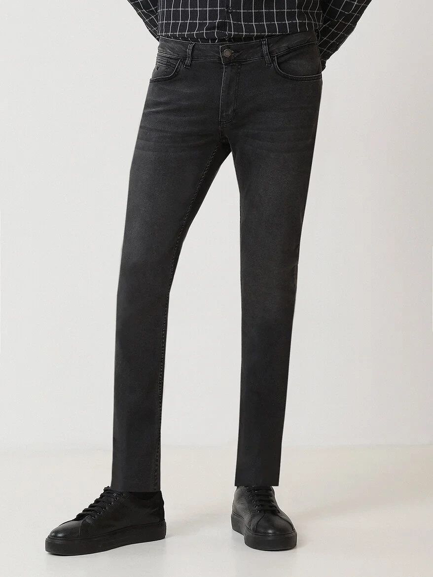 Dark Grey Slim Fit Denim Cotton Blended Trousers - 1
