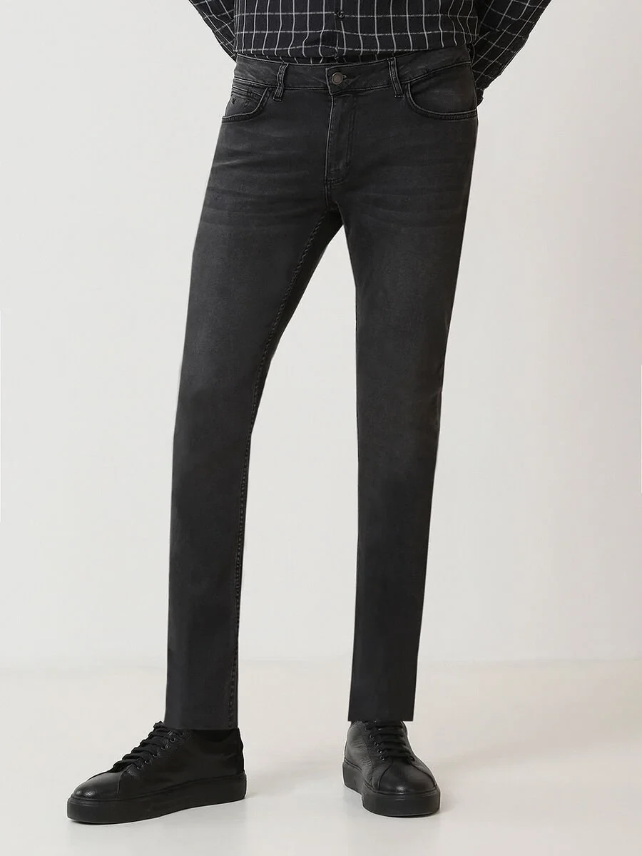 Dark Grey Slim Fit Denim Cotton Blended Trousers - 1