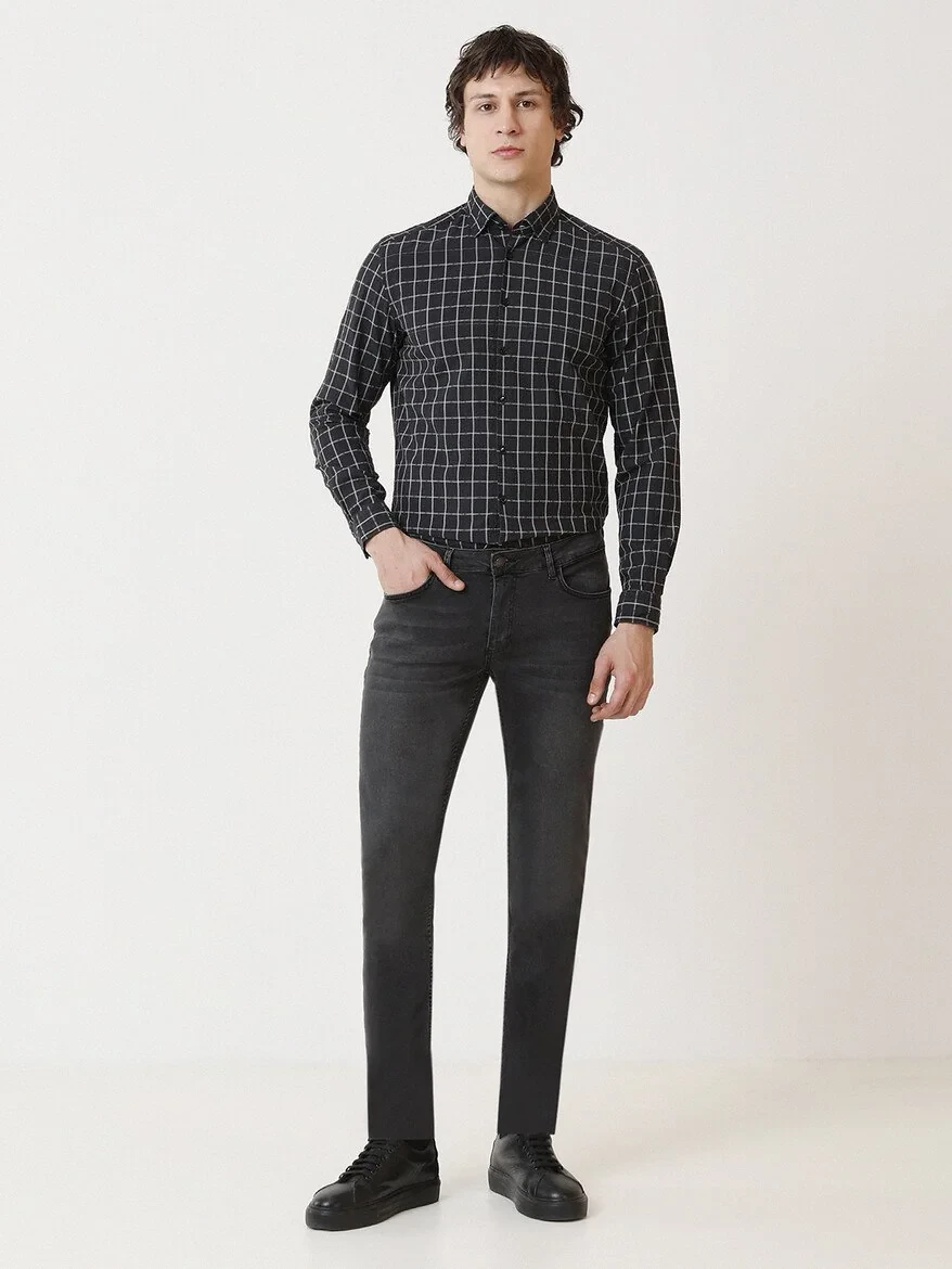 Dark Grey Slim Fit Denim Cotton Blended Trousers - 2