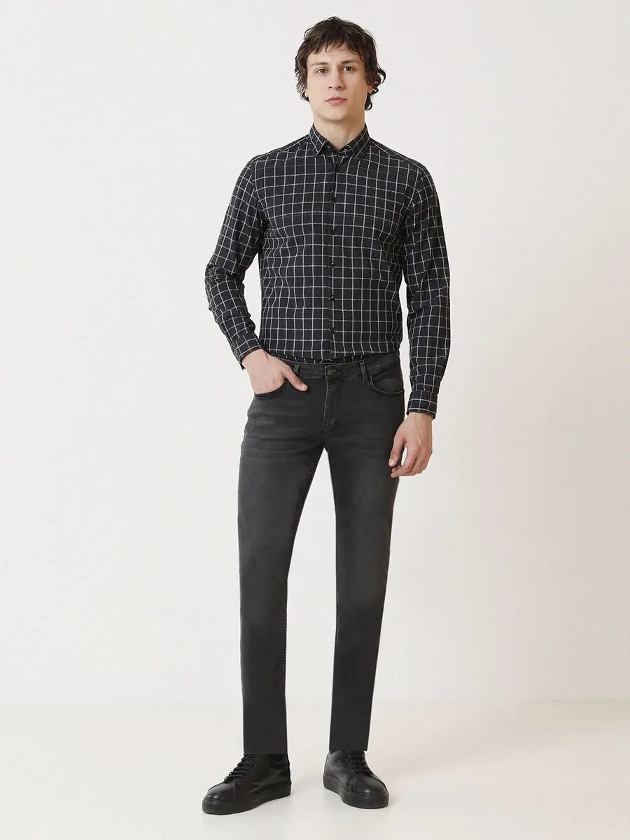 Dark Grey Slim Fit Denim Cotton Blended Trousers - 2