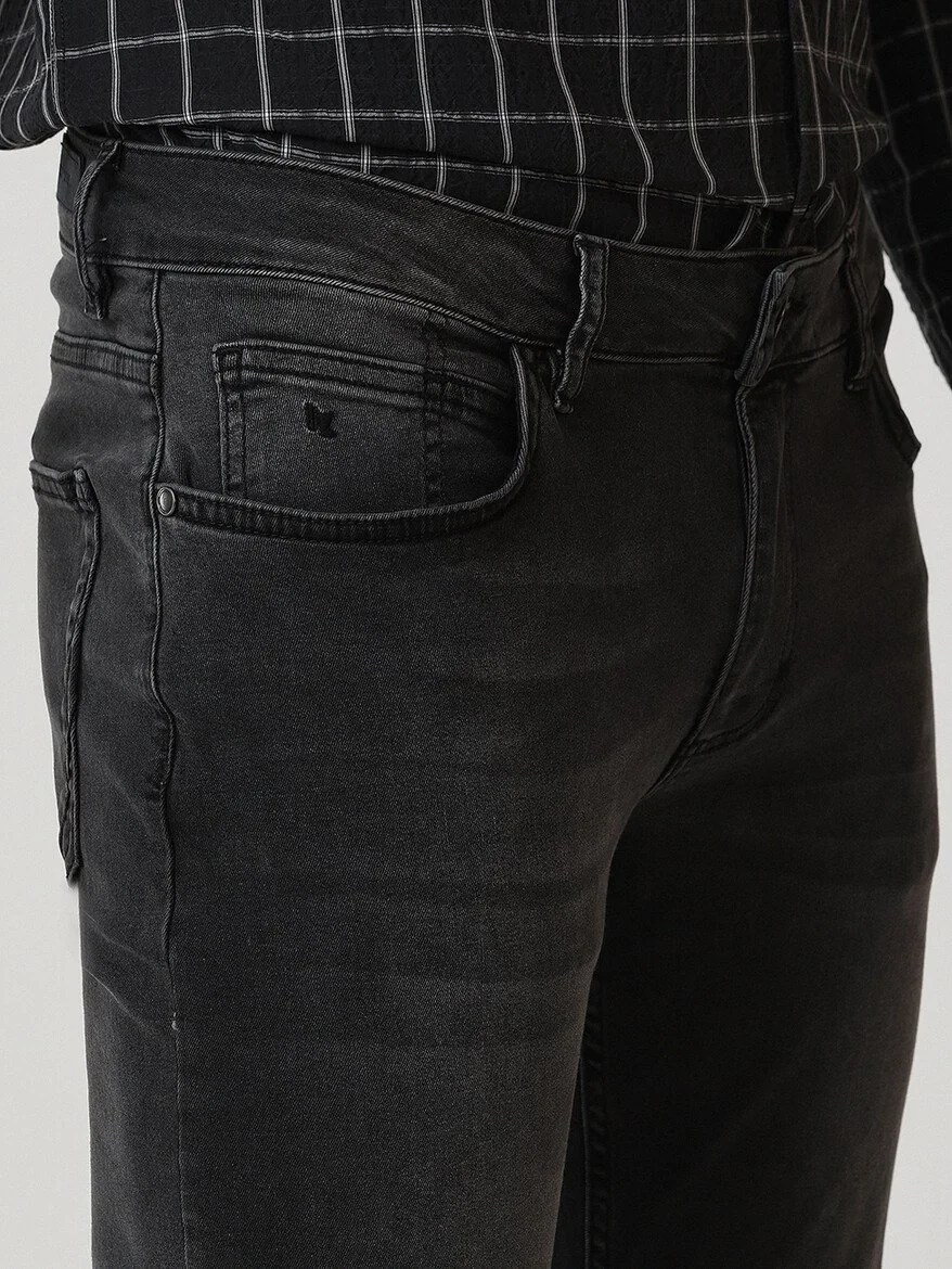 Dark Grey Slim Fit Denim Cotton Blended Trousers - 3
