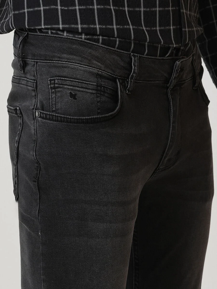 Dark Grey Slim Fit Denim Cotton Blended Trousers - 3
