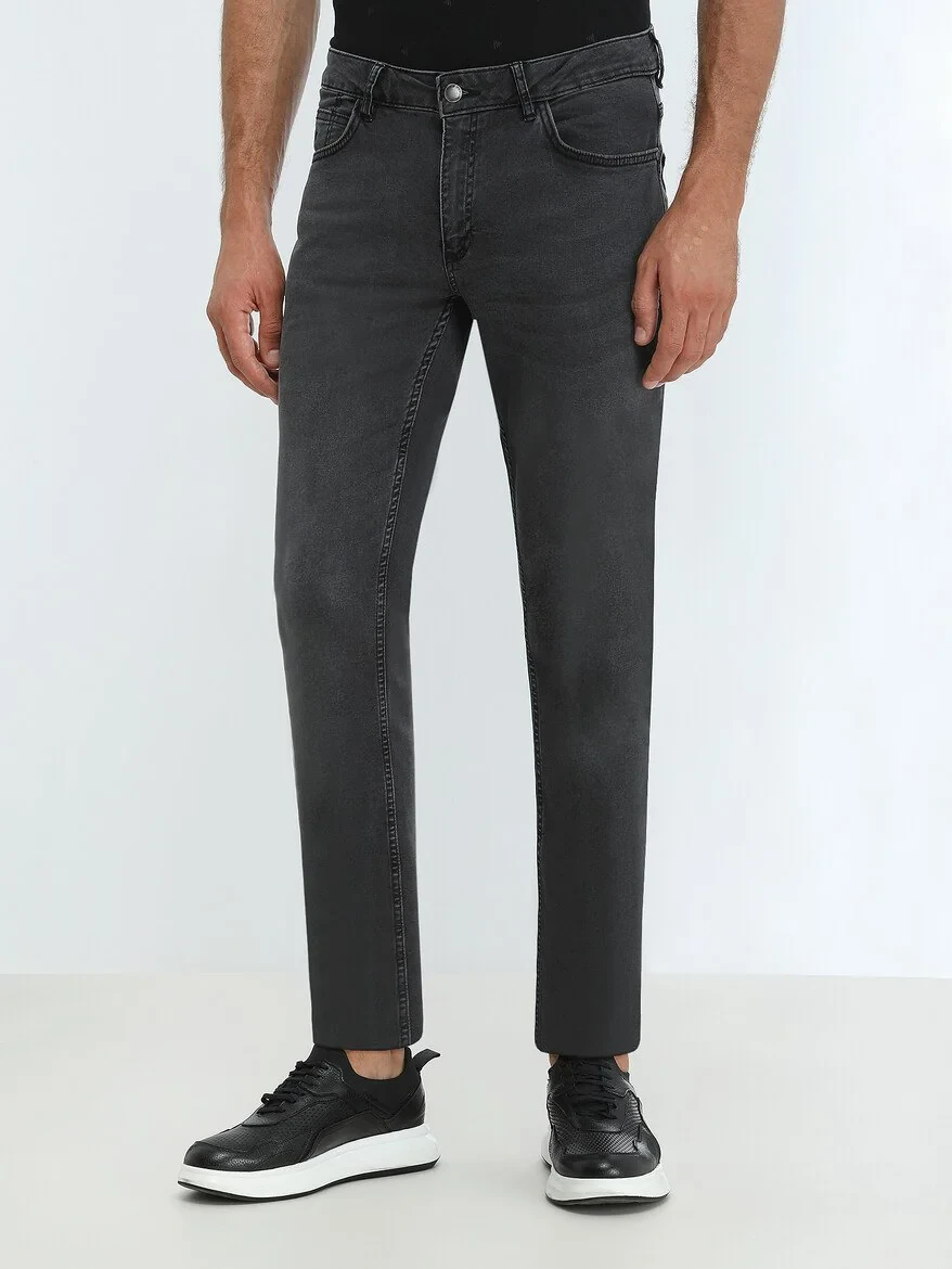 Dark Grey Slim Fit Denim Cotton Blended Trousers - 1