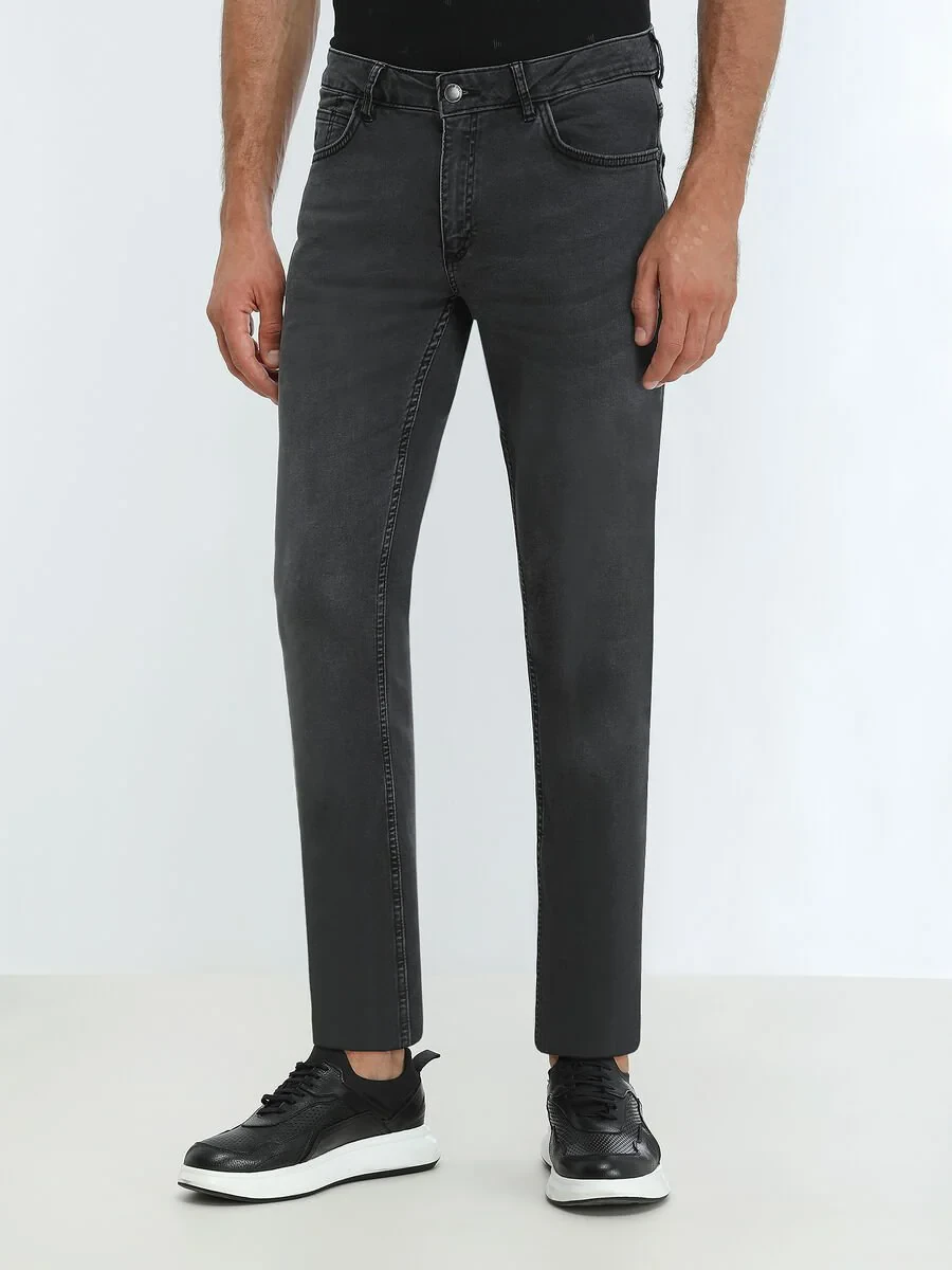 Dark Grey Slim Fit Denim Cotton Blended Trousers - 1