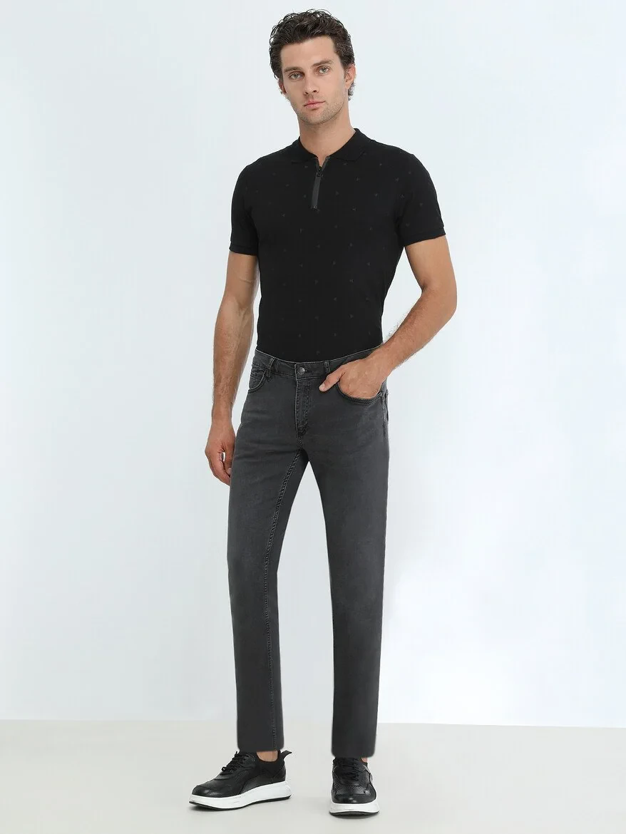 Dark Grey Slim Fit Denim Cotton Blended Trousers - 2