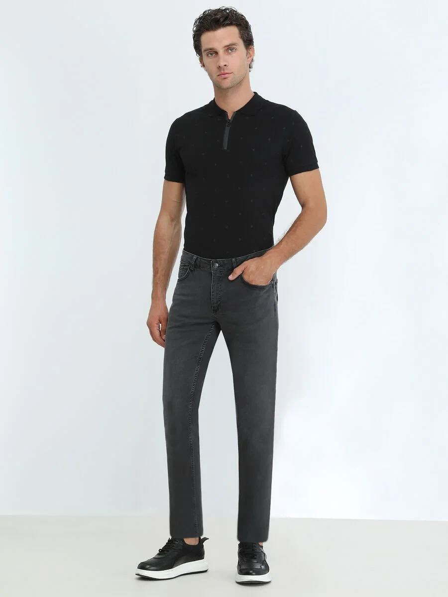 Dark Grey Slim Fit Denim Cotton Blended Trousers - 2