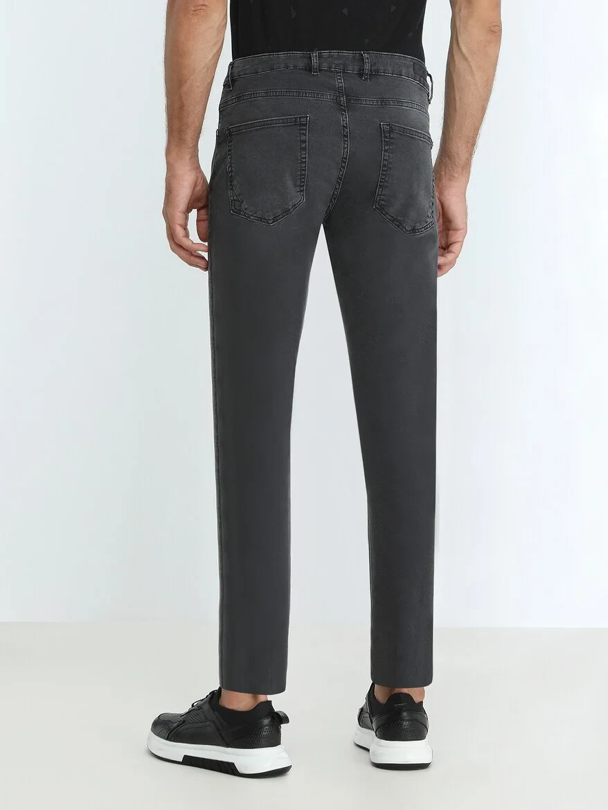 Dark Grey Slim Fit Denim Cotton Blended Trousers - 4