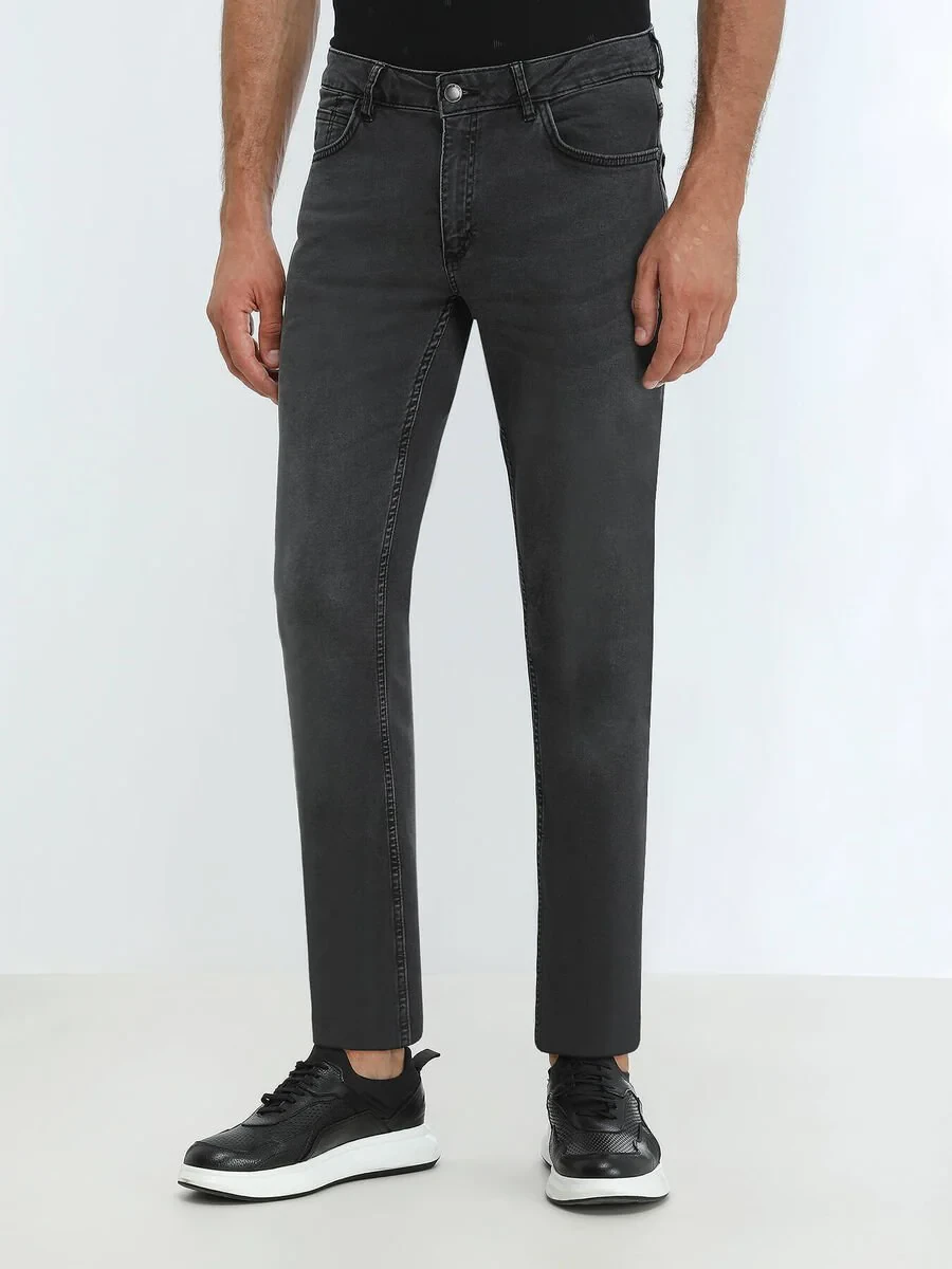 Dark Grey Super Slim Fit Denim Cotton Blended Trousers - 1