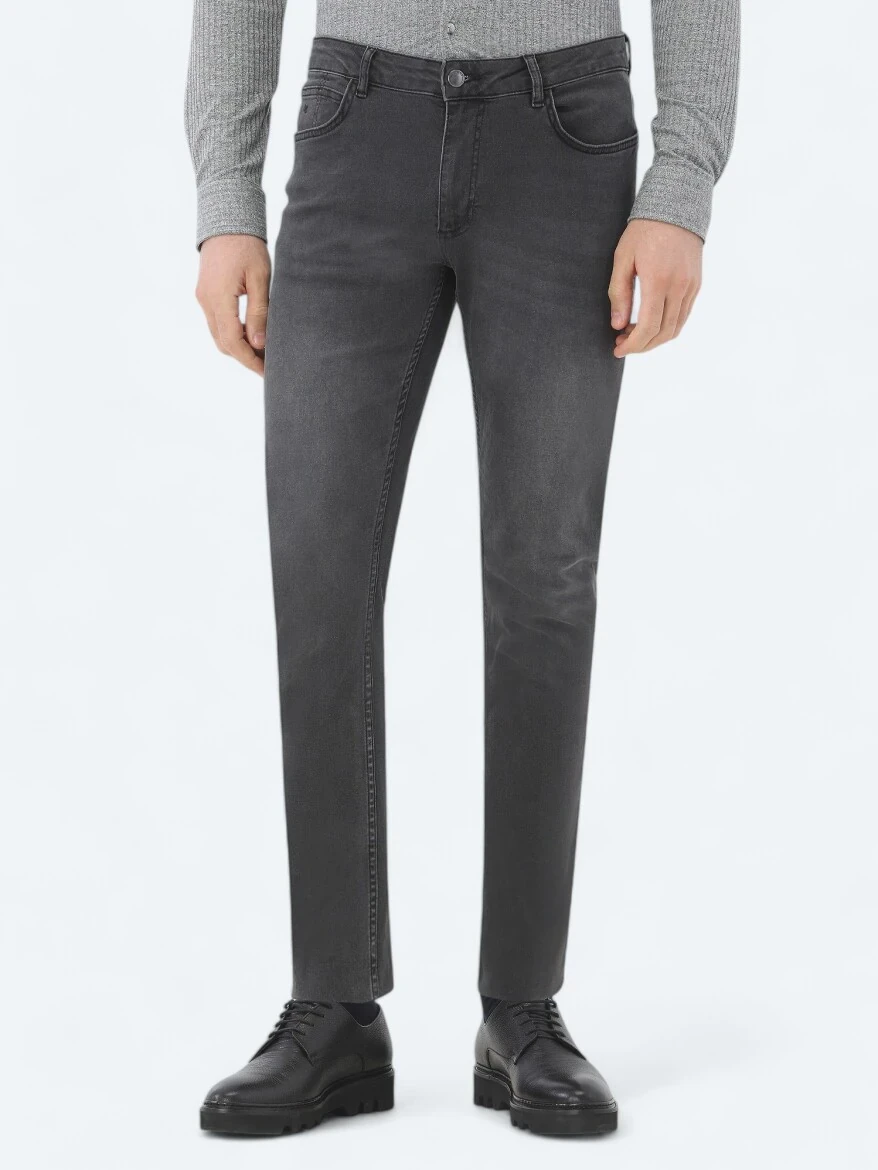 Dark Grey Super Slim Fit Denim Cotton Blended Trousers - 2