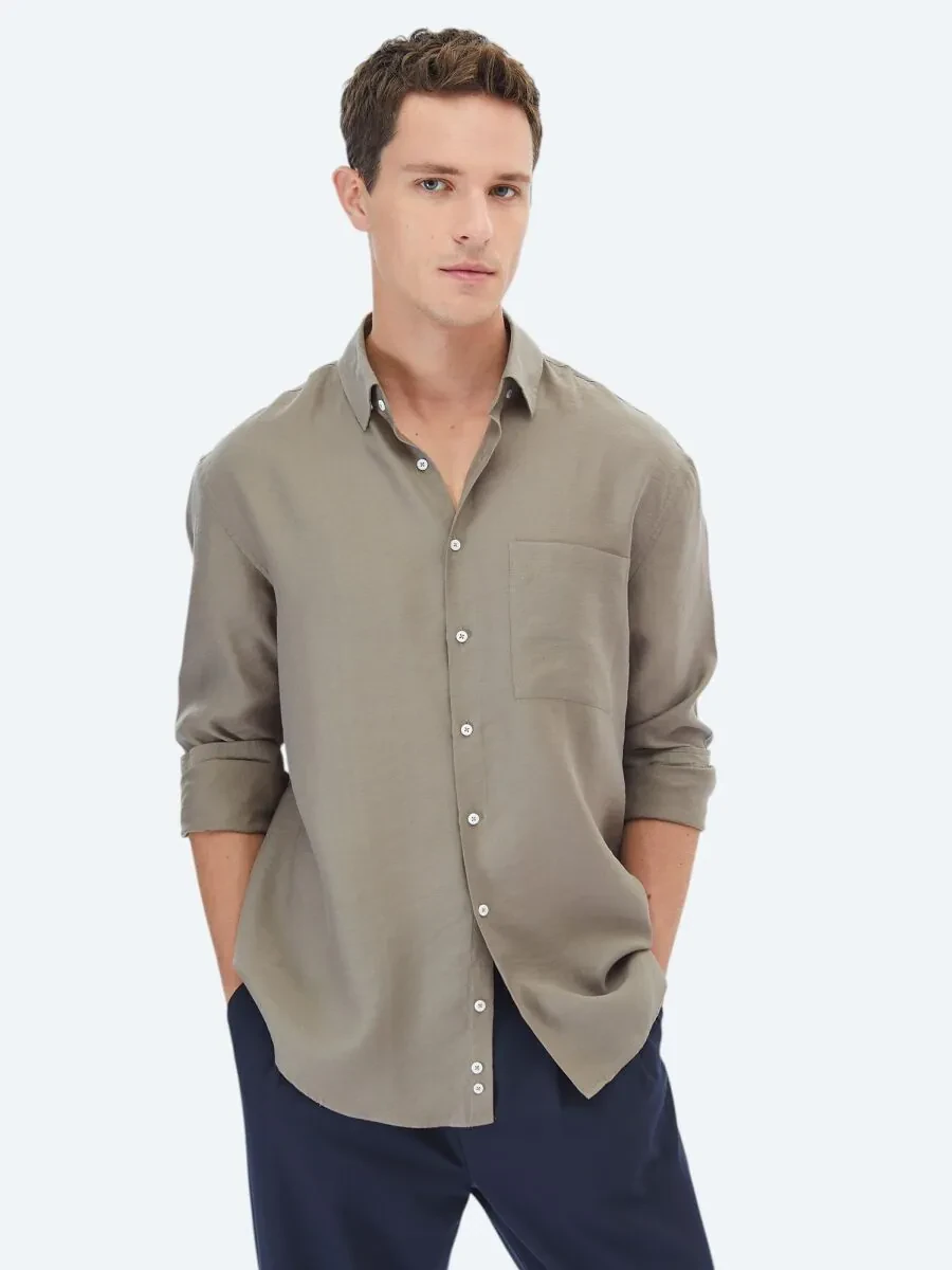 Dark Mink Plain Weaving Casual Shirt - 1