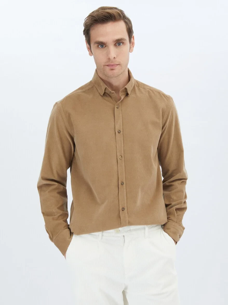 Dark Mink Ribbed Regular Fit Weaving Casual 100% Cotton Shirt - 1