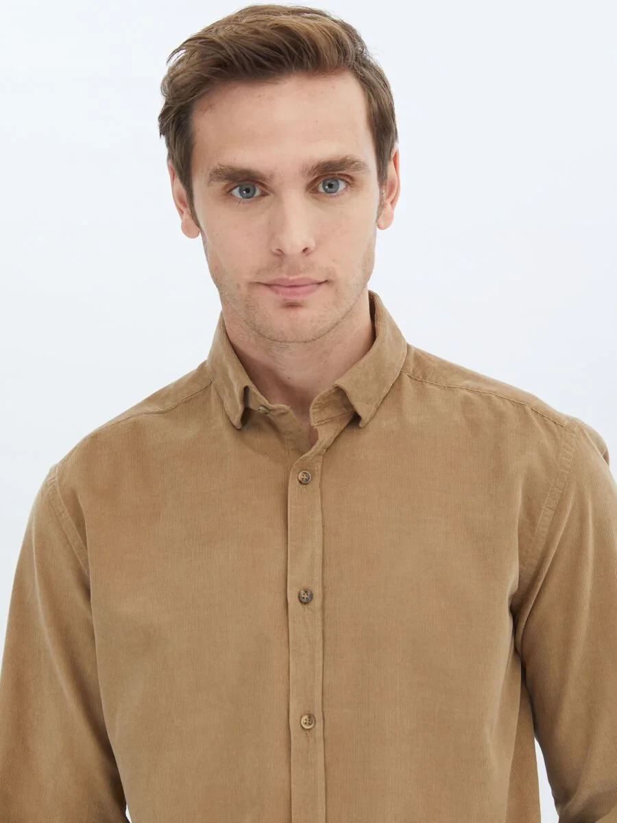 Dark Mink Ribbed Regular Fit Weaving Casual 100% Cotton Shirt - 3