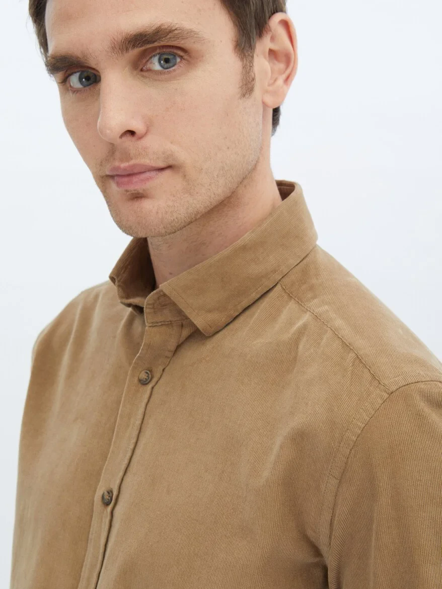 Dark Mink Ribbed Regular Fit Weaving Casual 100% Cotton Shirt 