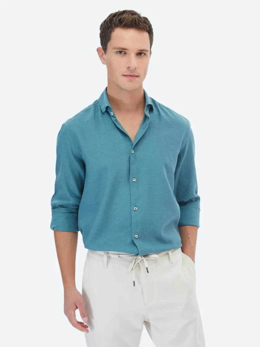 Dark Mint Plain Regular Fit Weaving Casual Cotton Blended Shirt - 1