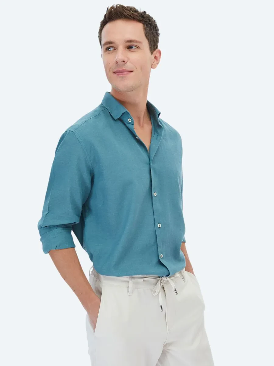 Dark Mint Plain Regular Fit Weaving Casual Cotton Blended Shirt - 3