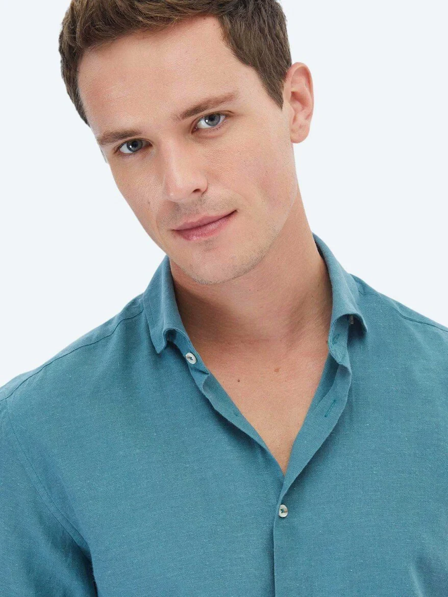Dark Mint Plain Regular Fit Weaving Casual Cotton Blended Shirt 