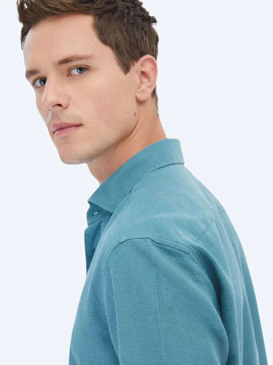 Dark Mint Plain Regular Fit Weaving Casual Cotton Blended Shirt - 5