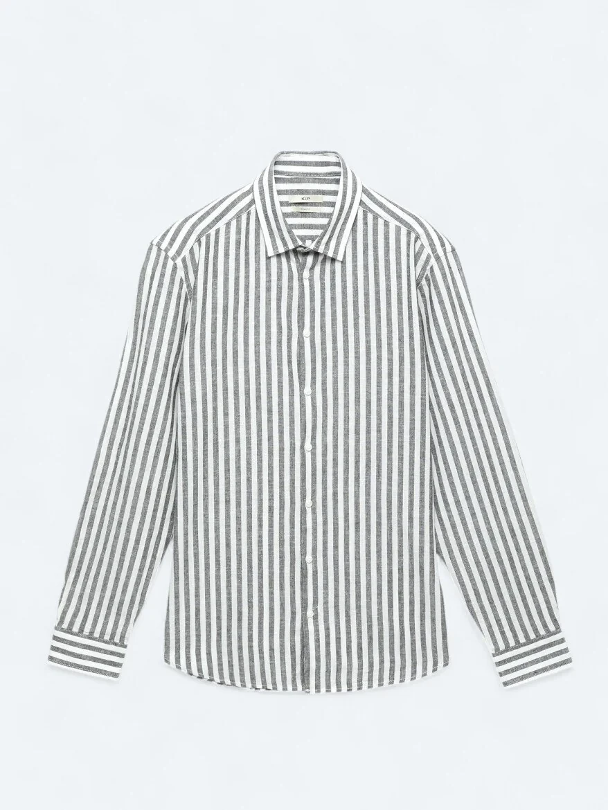 Dark Navyblue Striped Regular Fit Weaving Casual Cotton Blended Shirt 