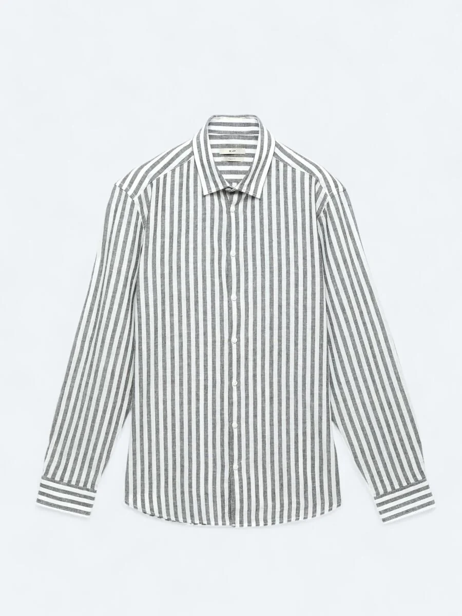 Dark Navyblue Striped Regular Fit Weaving Casual Cotton Blended Shirt - 1