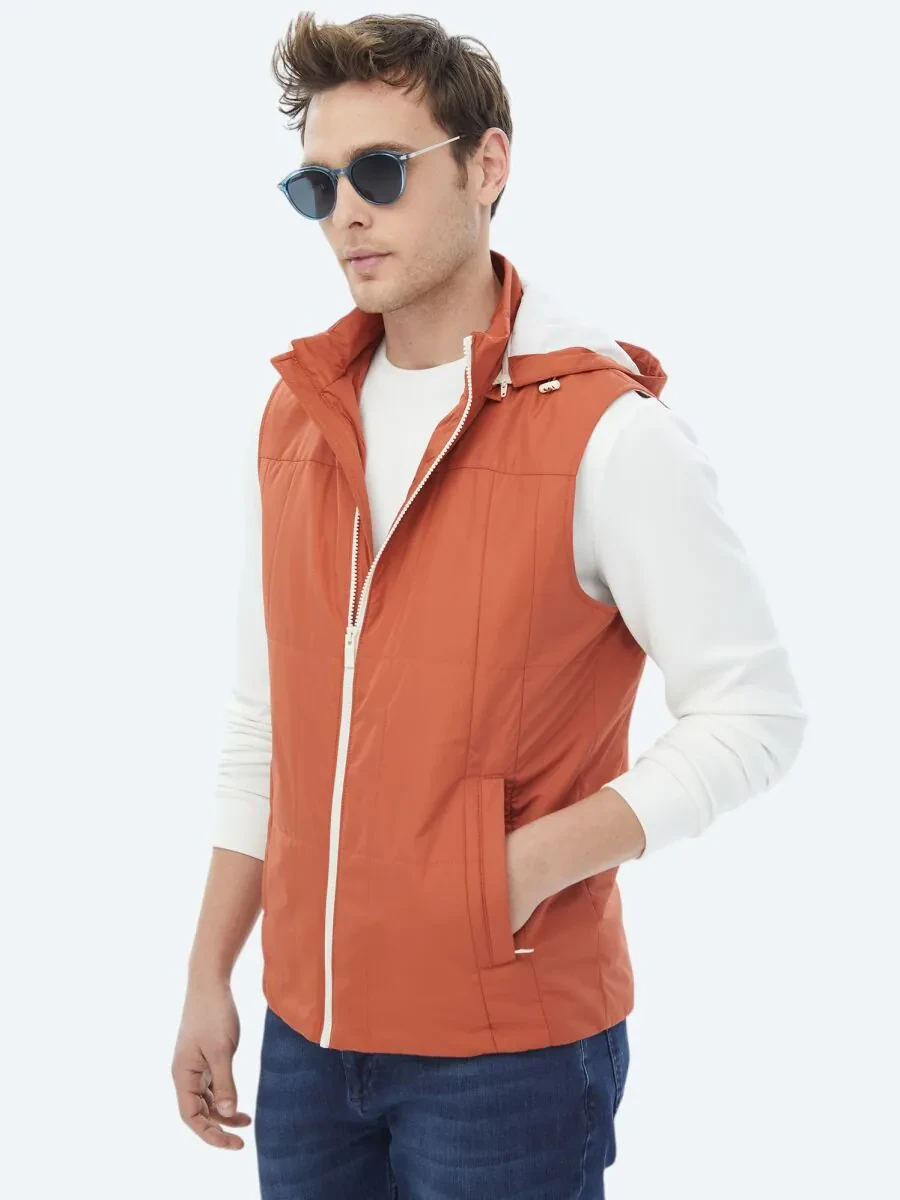 Dark Orange Weaving Puffer Vest - 3