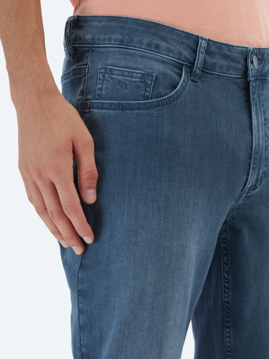 Dark Petrol Blue Slim Fit Denim Cotton Blended Trousers - 3