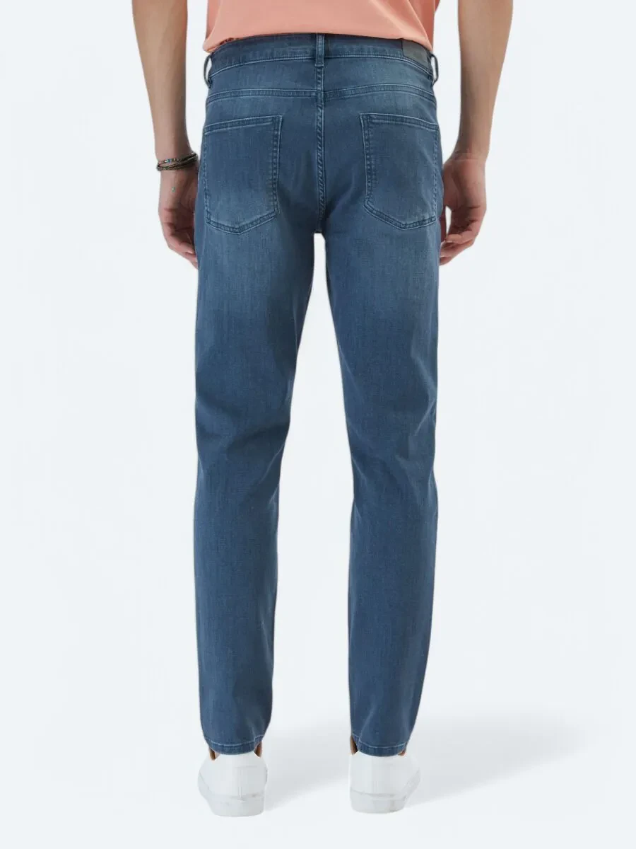 Dark Petrol Blue Slim Fit Denim Cotton Blended Trousers - 4