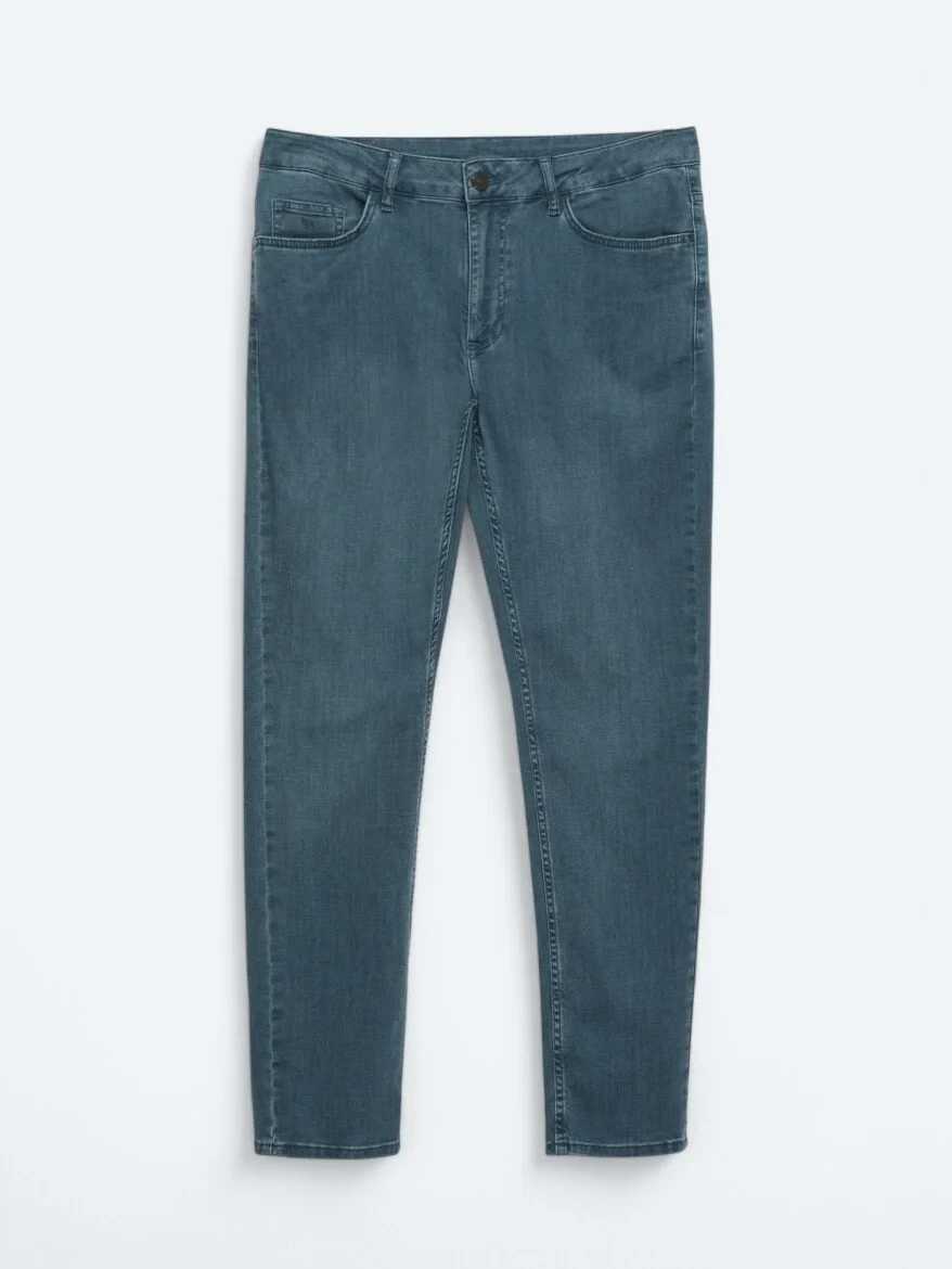 Dark Petrol Blue Slim Fit Denim Cotton Blended Trousers - 5
