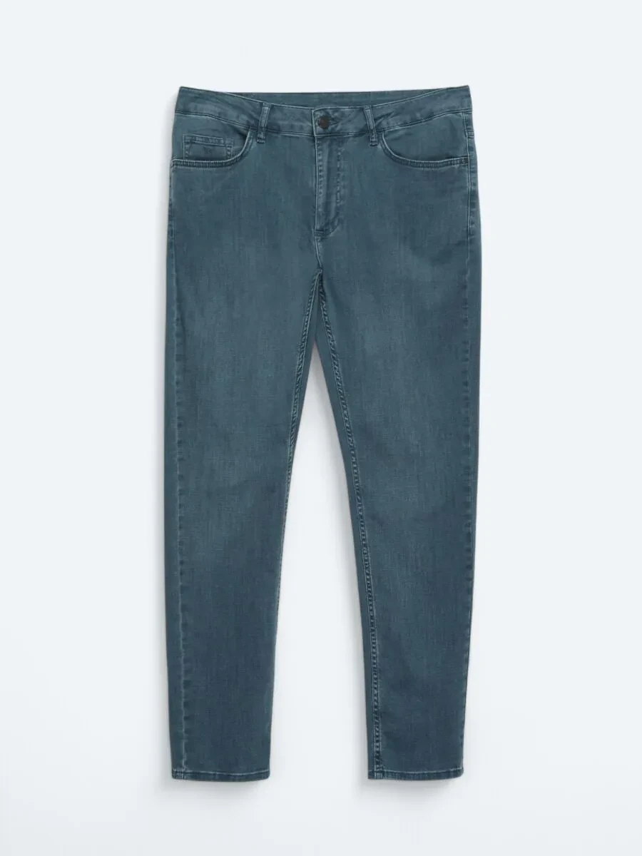 Dark Petrol Blue Slim Fit Denim Cotton Blended Trousers - 5