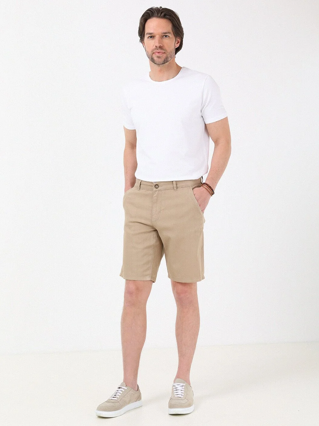 Deve Tüyü Çizgili Dokuma Slim Fit Casual Pamuk Karışımlı Bermuda - 1