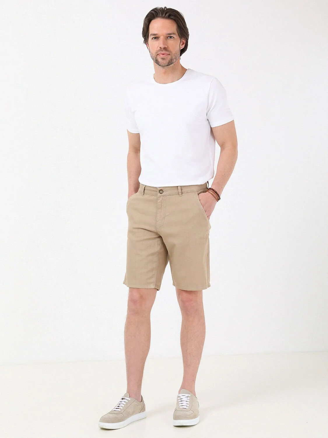 Deve Tüyü Çizgili Dokuma Slim Fit Casual Pamuk Karışımlı Bermuda - 1