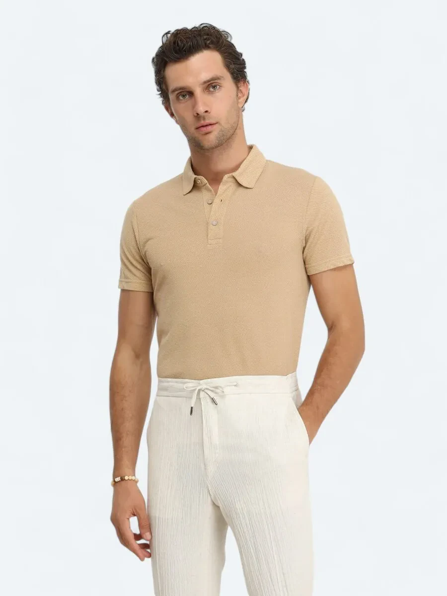 Deve Tüyü Jakarlı Polo Yaka %100 Pamuk T-Shirt - 1