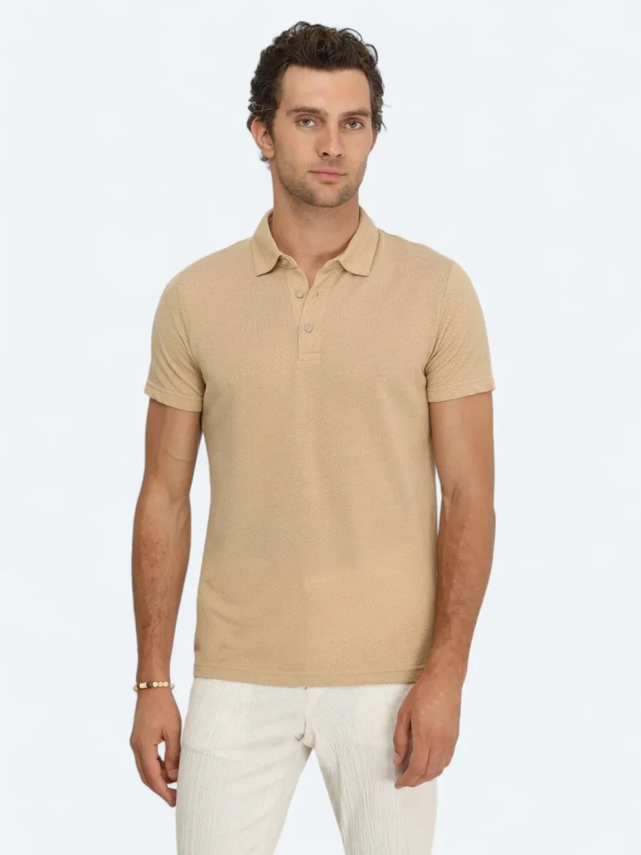 Deve Tüyü Jakarlı Polo Yaka %100 Pamuk T-Shirt - 2