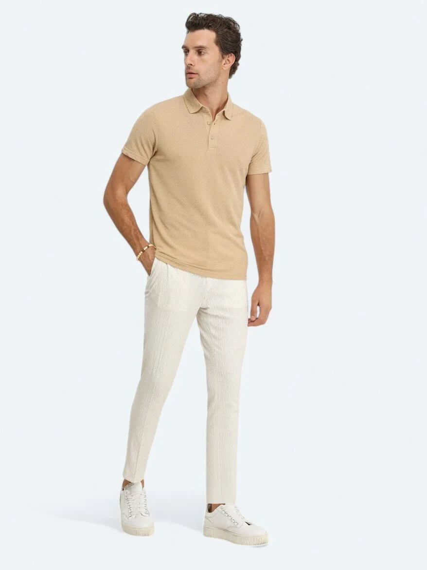 Deve Tüyü Jakarlı Polo Yaka %100 Pamuk T-Shirt - 3