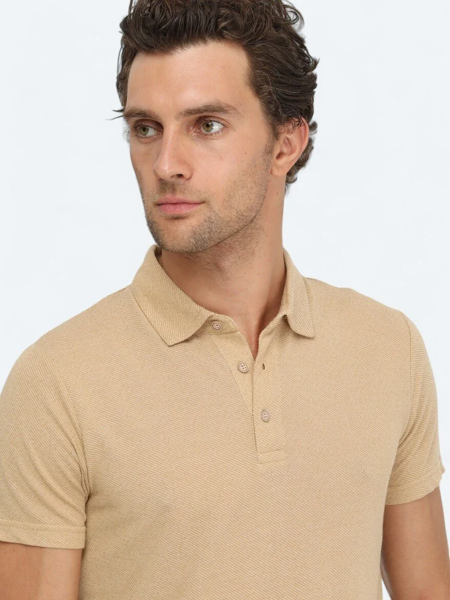 Deve Tüyü Jakarlı Polo Yaka %100 Pamuk T-Shirt - 4