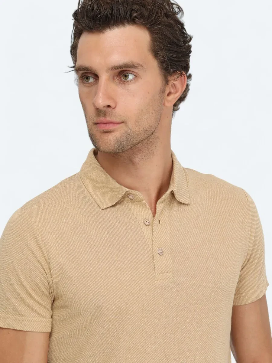 Deve Tüyü Jakarlı Polo Yaka %100 Pamuk T-Shirt - 4