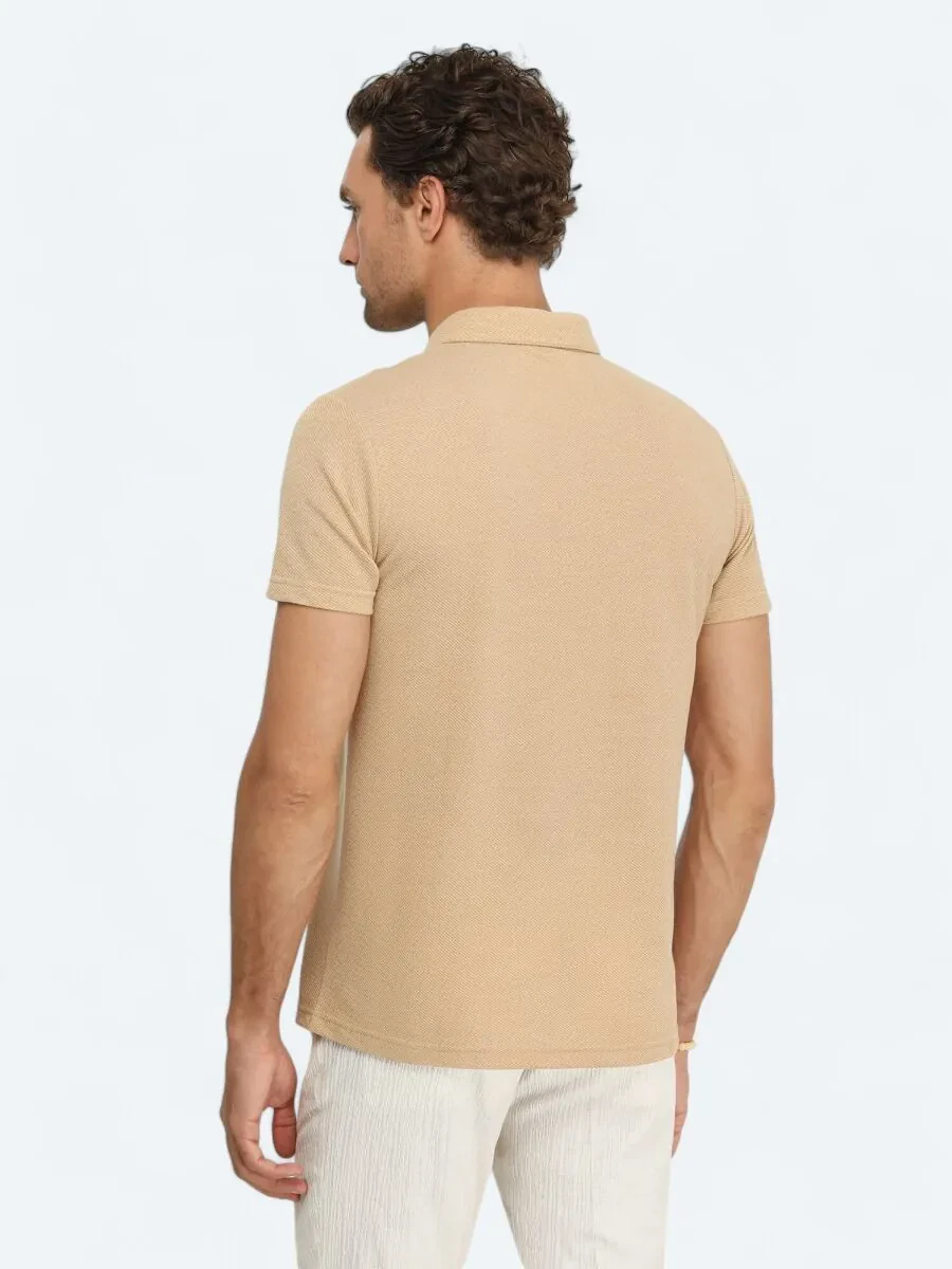 Deve Tüyü Jakarlı Polo Yaka %100 Pamuk T-Shirt - 5
