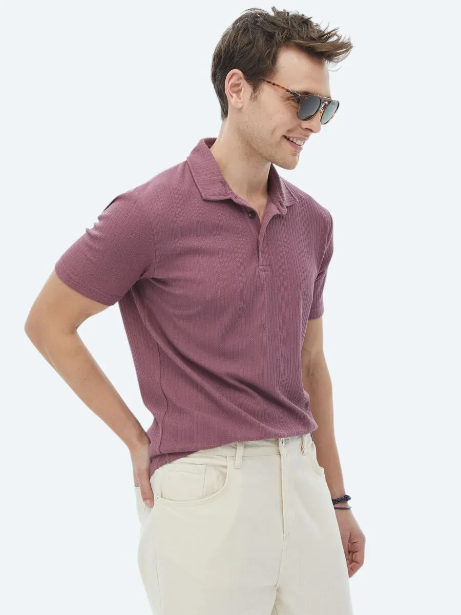 Dusty Rose Color Jacquard Polo Neck Cotton Blended T-Shirt - 3