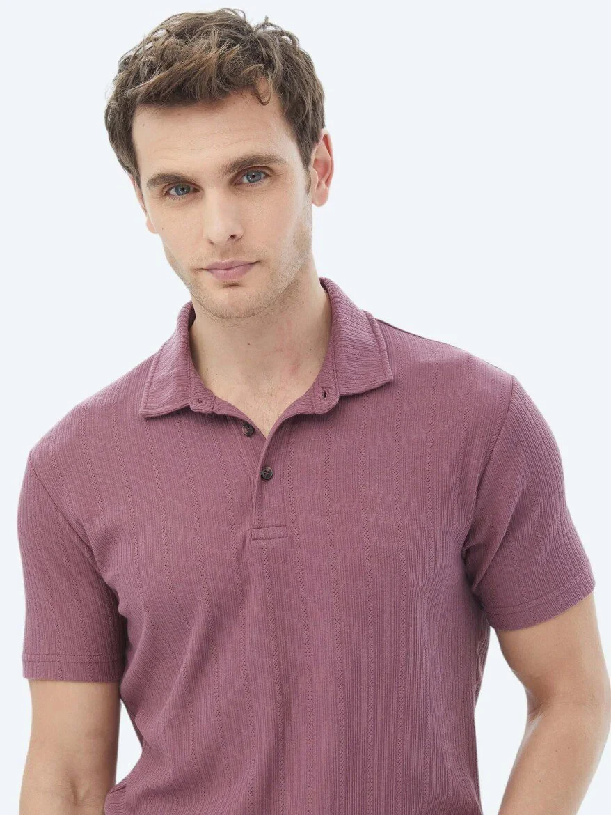 Dusty Rose Color Jacquard Polo Neck Cotton Blended T-Shirt - 5