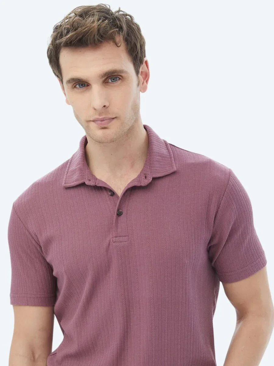 Dusty Rose Color Jacquard Polo Neck Cotton Blended T-Shirt - 5