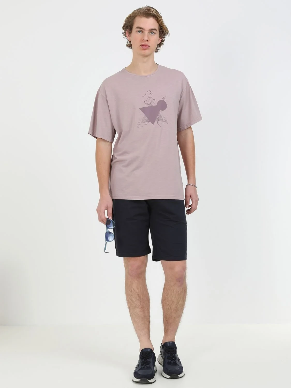 Dusty Rose Color Printed Crew Neck 100% Cotton T-Shirt - 2